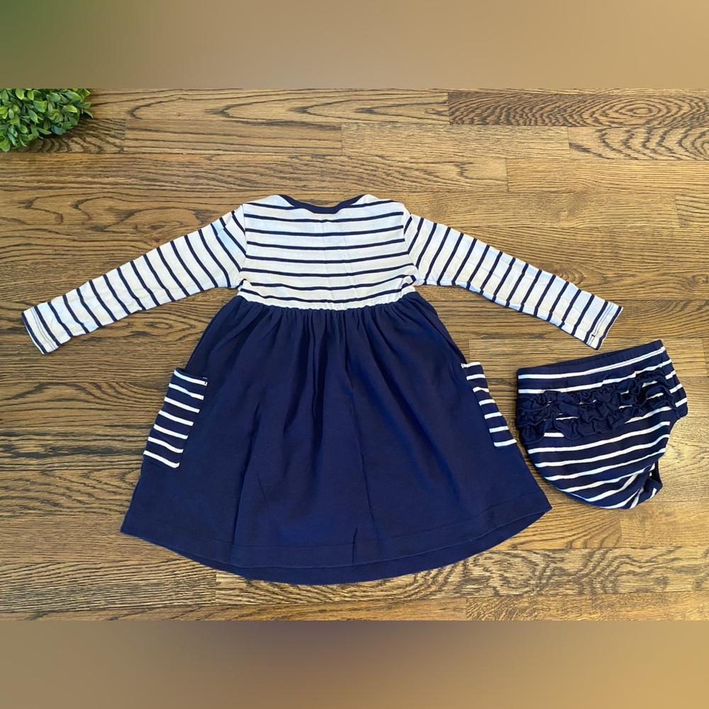 Hanna Andersson Navy Striped Long Sleeve Baby Dress & Bloomer Set Sz 3T - Picture 2 of 3